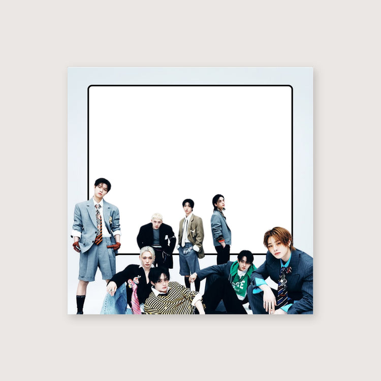 A square photo print or poster featuring a group of young men posing in coordinated outfits against a white studio background, centered on a light warm-gray backdrop.