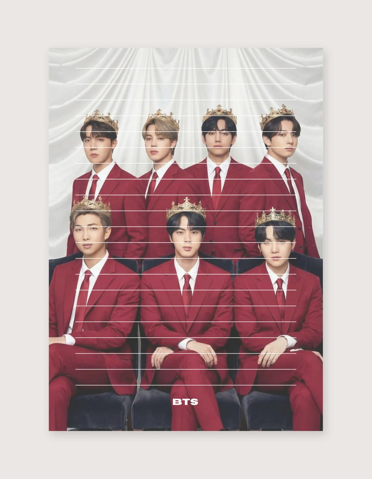 A vertical poster print featuring the BTS members in matching red suits, white shirts, red ties, and gold crowns against a white draped background. The BTS logo is printed at the bottom of the poster.