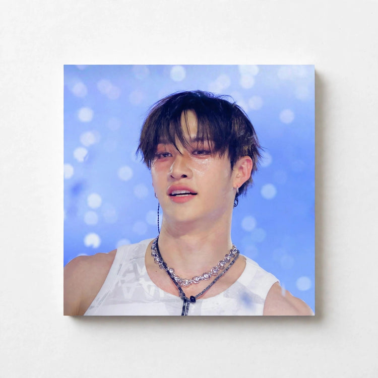 Blue memo pad featuring Bang Chan of Stray Kids smiling while wearing a tank top, with a printed design for writing notes, reminders, and lists.