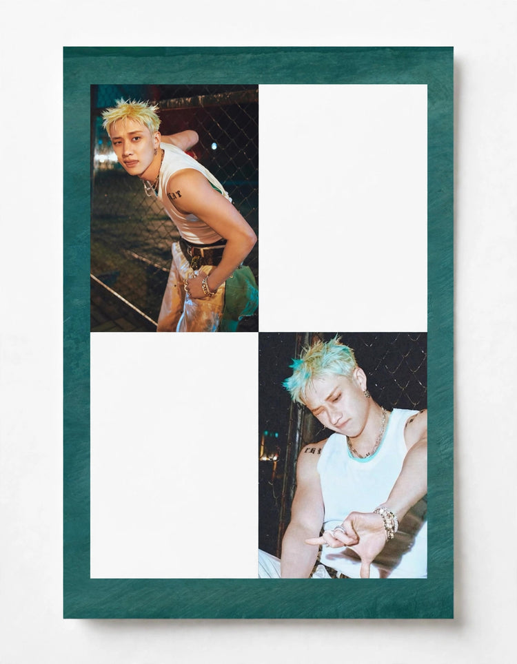 A framed photo collage print featuring two portraits of a man with blonde and blue-green hair, set in a dark teal frame against a light gray background.