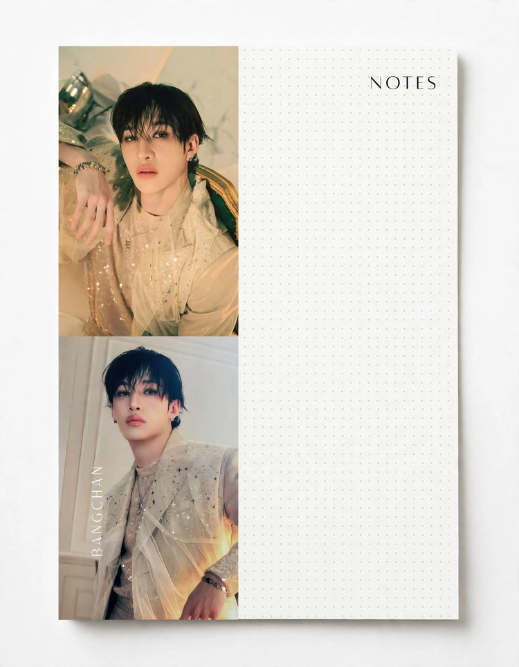 A notebook or planner page with a white grid layout and the word NOTES printed in the top right, featuring two vertically stacked portrait photos of a man on the left side.
