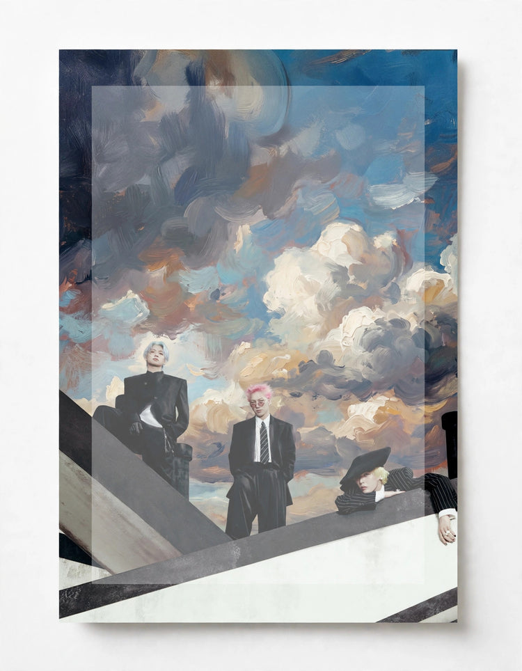 A vertical art print or poster showing a surreal painted scene with several people in black clothing against a dramatic cloudy sky, photographed against a light neutral background.