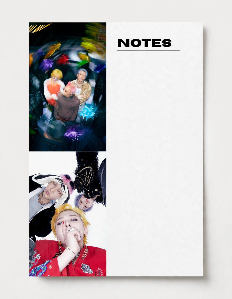 A white notepad with the word 'NOTES' printed at the top right, featuring two vertical photo panels on the left side with colorful artistic portraits of people.