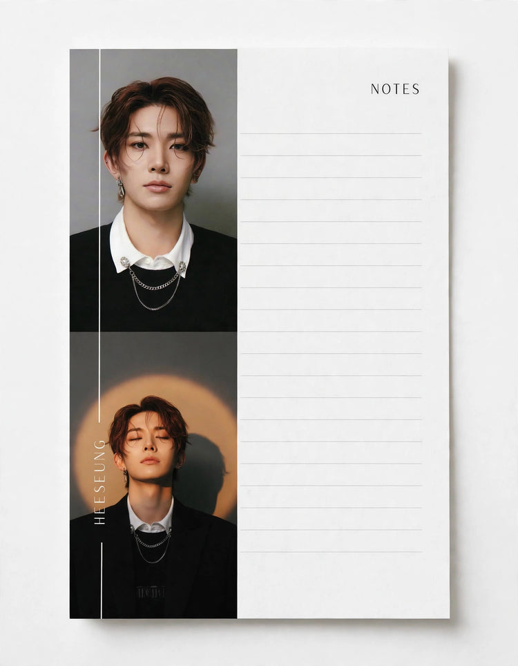A white lined notepad with the word NOTES printed at the top right, featuring two vertical portrait photos of a man on the left side and blank writing space on the right, shown against a light gray background.