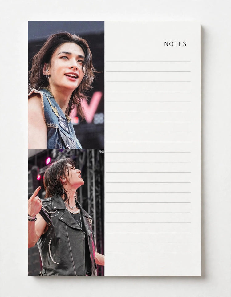 A vertical lined notes pad with the word NOTES printed at the top right. The left side features two vertical photo panels showing a person in concert attire, while the right side is plain white lined paper.