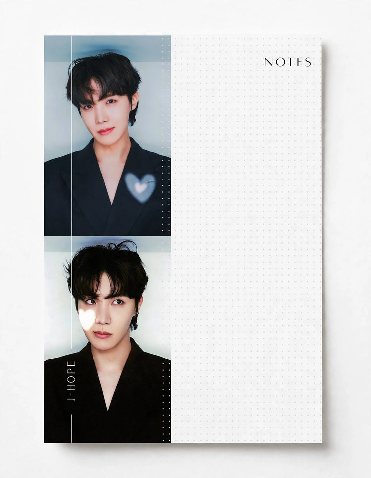 A white grid-bound notebook with a split design, featuring two portrait photos of J-HOPE (BTS member RM) on the left and a blank 'NOTES' section on the right, set against a clean white background.