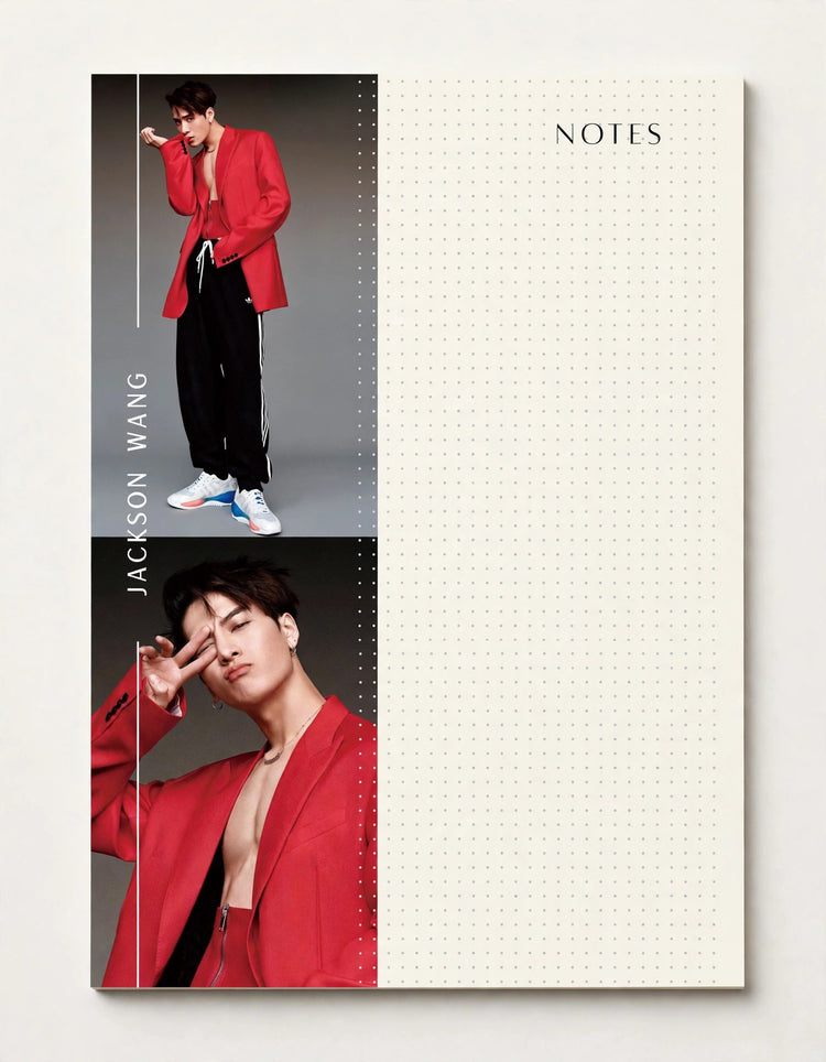 A cream-colored lined notebook with a minimalist design, featuring a vertical photo collage of model Jackson Wang in a red blazer on the left side and a dotted grid on the right side under the word 'NOTES'.