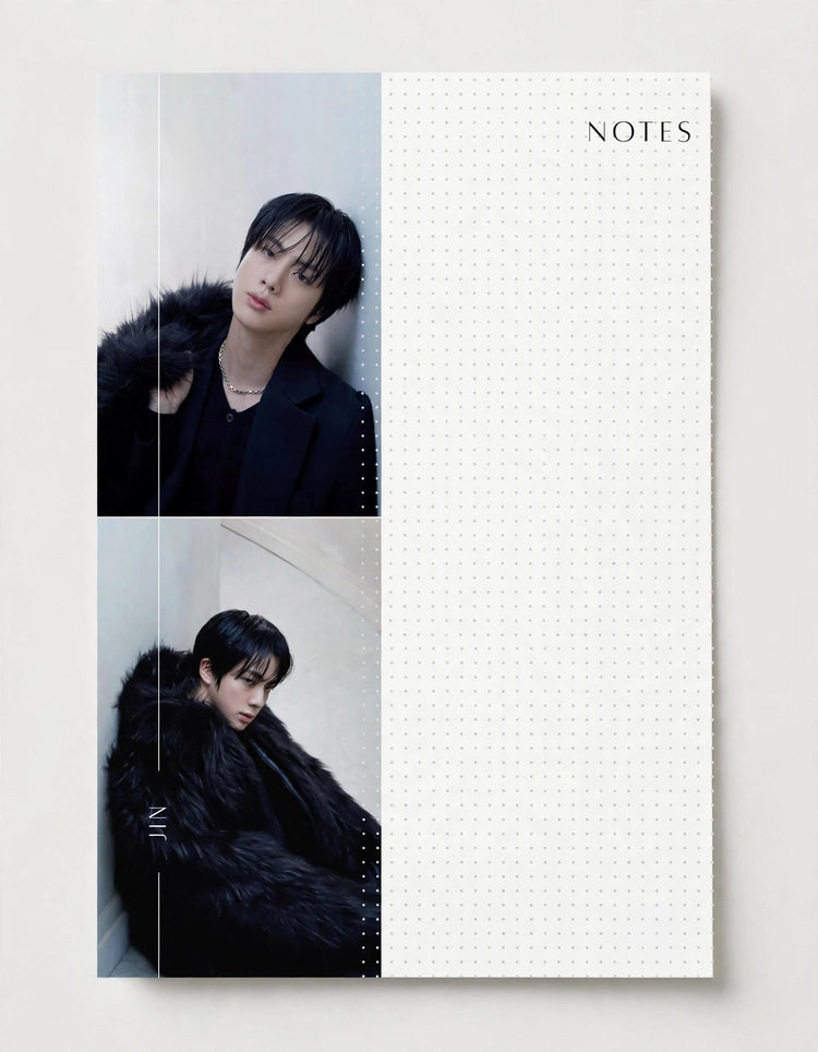 A white grid-bound notebook with the word 'NOTES' printed in the top right corner. The left side of the notebook features two vertical rectangular photo panels showing a person in a black coat, set against a light gray background.
