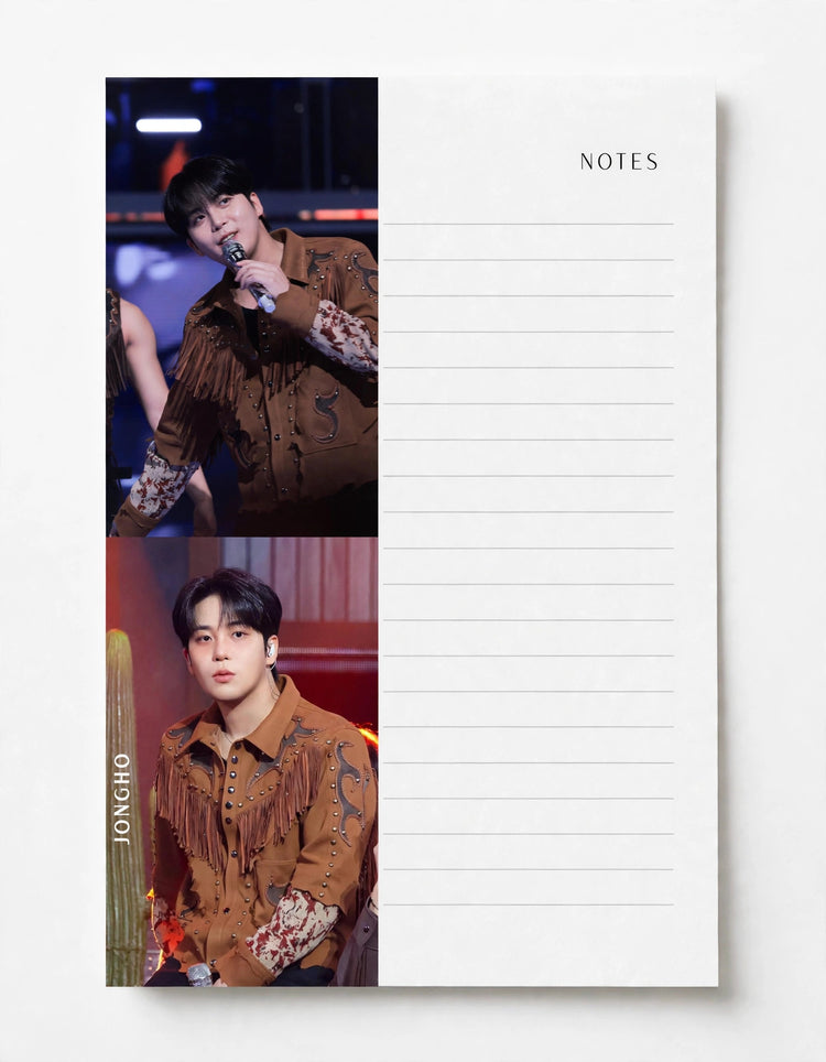 A white lined notes pad with the word NOTES printed at the top right. The left side features two vertical printed photos of a man in a brown fringed jacket, with the text ONSHO visible vertically along the left edge.