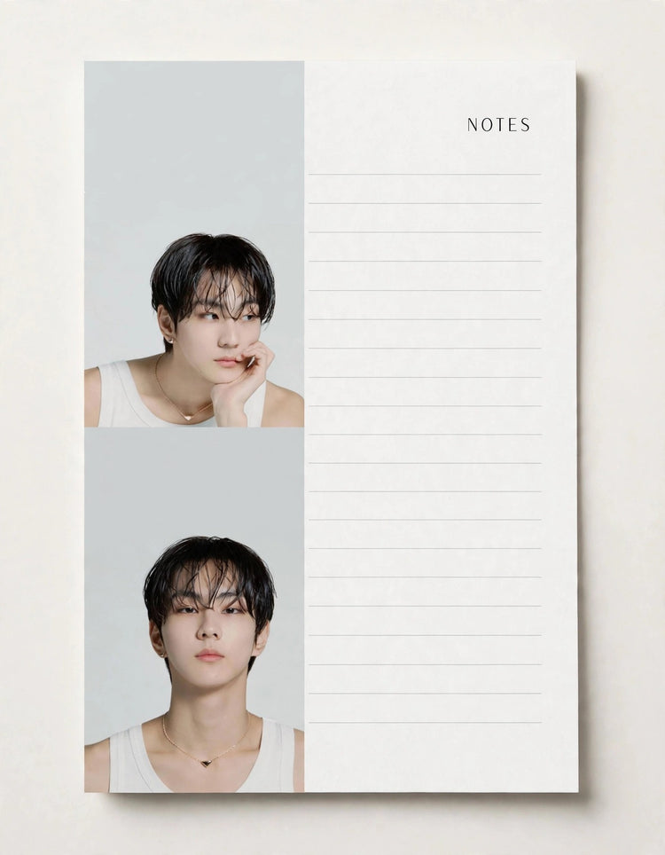 A vertical notepad with a left panel showing two stacked portrait photos of a young man and a right panel with lined writing space labeled NOTES, photographed on a light neutral background.