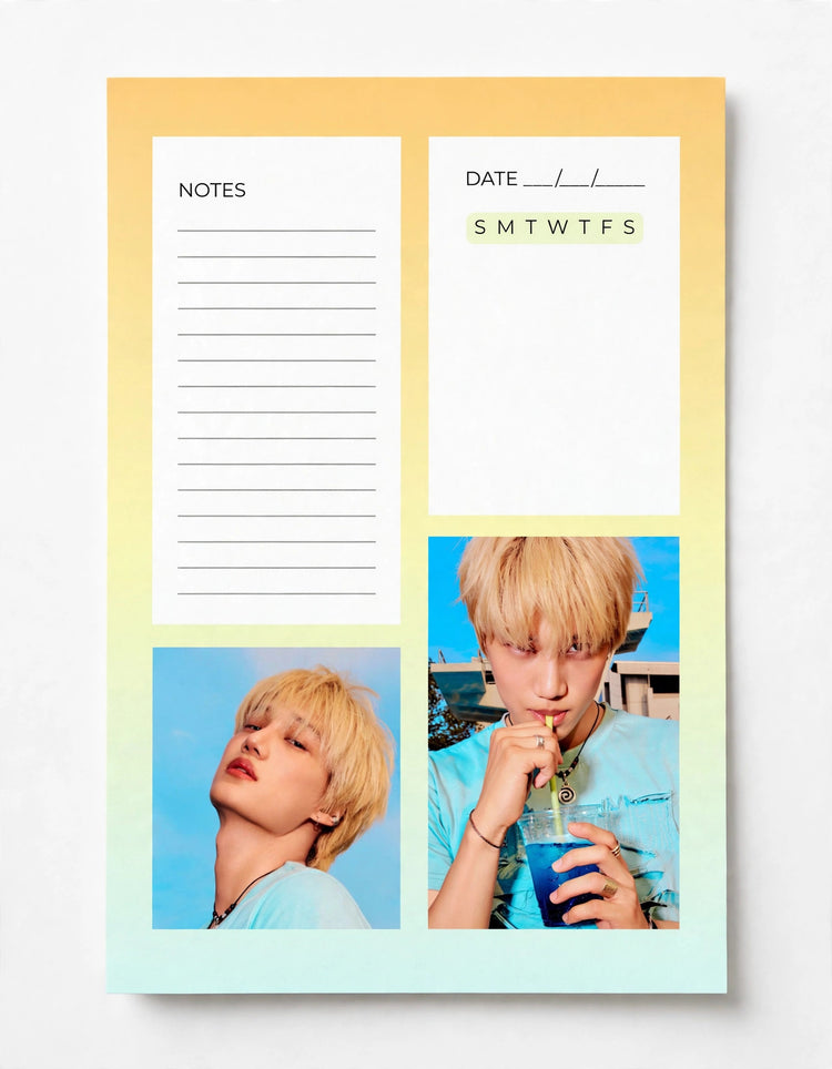 A vertical notepad or planner insert with a pastel gradient background transitioning from yellow at the top to mint green at the bottom. The insert has two white writing panels on the left and right, labeled NOTES and DATE, plus a weekday strip reading SMTWTF6.