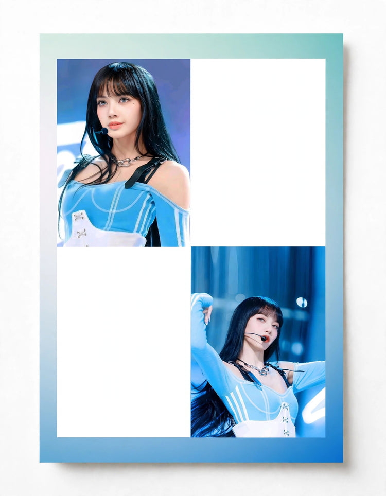 A vertical poster or print featuring two inset photos of a woman in a blue outfit on a white background with a blue-to-teal gradient border.