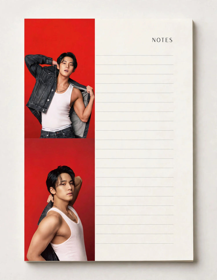 A vertical notepad with a split design: the left panel shows two portrait photos of a man against a red background, and the right panel is an off-white lined notes page with the word NOTES printed at the top.