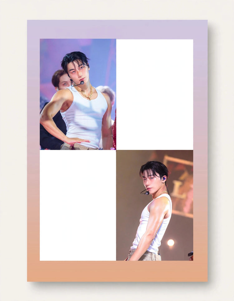 A vertical photo collage print featuring two cropped images of a male performer in a white tank top on stage, set within a pastel gradient border on a light background.