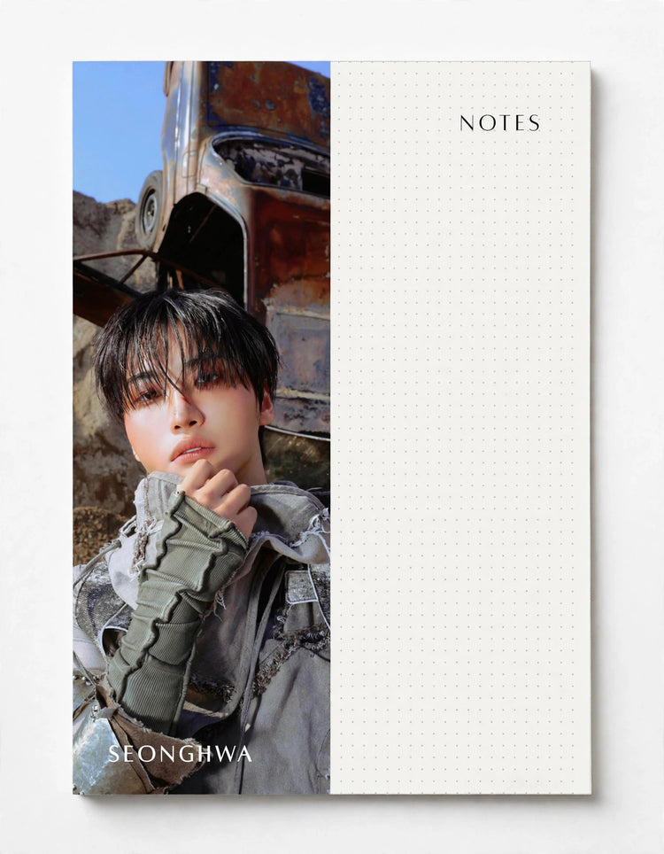 A notebook page layout with a printed portrait photo on the left and a white dotted writing area labeled NOTES on the right. The name SEONGHWA appears at the bottom of the photo.