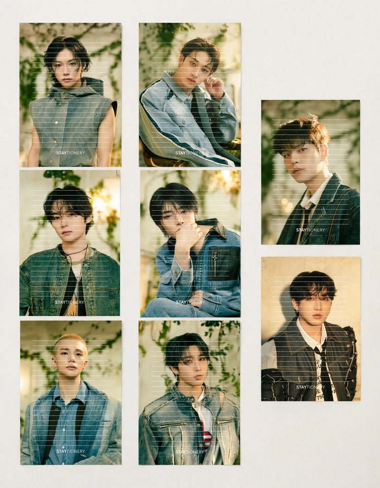 A collage of nine portrait photos of a young man in different outfits and poses, arranged in a grid on a light background. Each photo has a warm vintage filter and a diagonal grid overlay