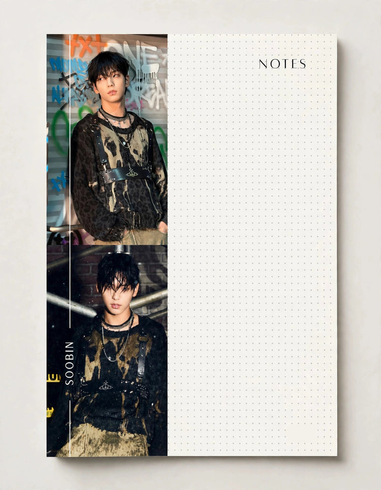 A two-panel notebook or planner page set against a light neutral background. The left panel features two stacked portrait photos of a man wearing a dark camouflage jacket, with graffiti and the name 'SOOBIN' visible.