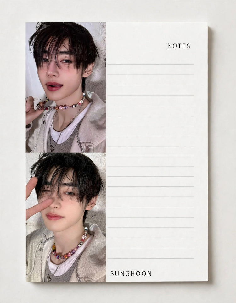 A vertical white memo pad with lined writing space on the right and two printed portrait photos of a young man on the left, labeled NOTES at the top and SUNGHOON at the bottom.
