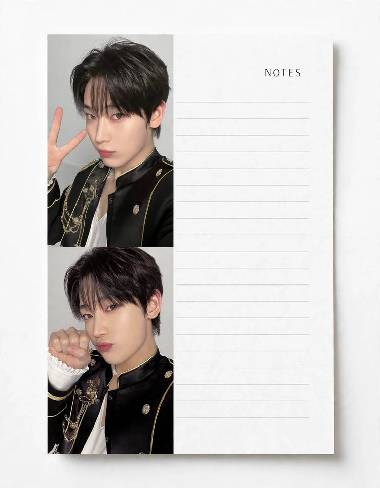 A white lined notes pad with the word NOTES printed at the top right, featuring two vertical portrait photos of a young man in a black and gold jacket on the left side.