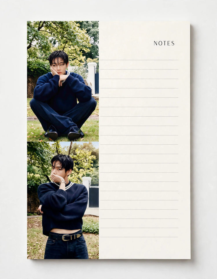 A cream-colored lined notepad with the word 'NOTES' at the top right, featuring two vertical printed photos of a man outdoors in a navy sweatshirt on the left side, shown against a light gray background.