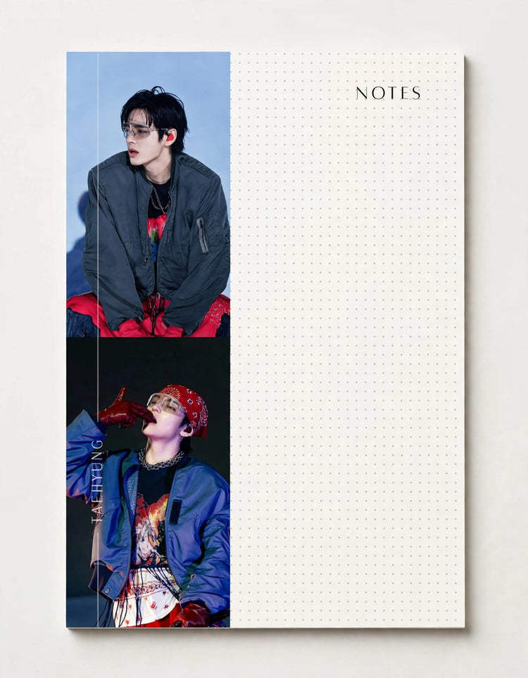 A vertical notebook or planner cover with a split design: the left side features two stacked fashion photos of a man, and the right side is a white dotted grid area labeled 'NOTES'.