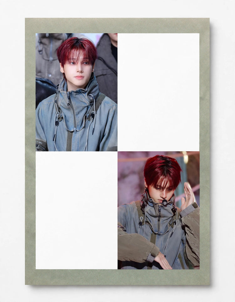 A square photo collage print featuring two portraits of a person with red hair wearing a gray jacket, set within a light gray border on a white background.