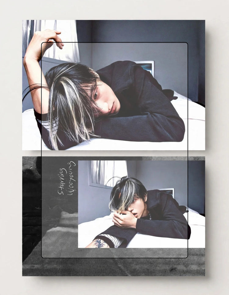 A two-panel wall art print featuring a stylized portrait of a person with gray and blonde hair, wearing a dark jacket and resting on a bed. The top panel shows the person from above, while the bottom panel shows a smaller inset photo of the same scene with handwritten text reading 'Gundelach symphony' on a dark gray panel.