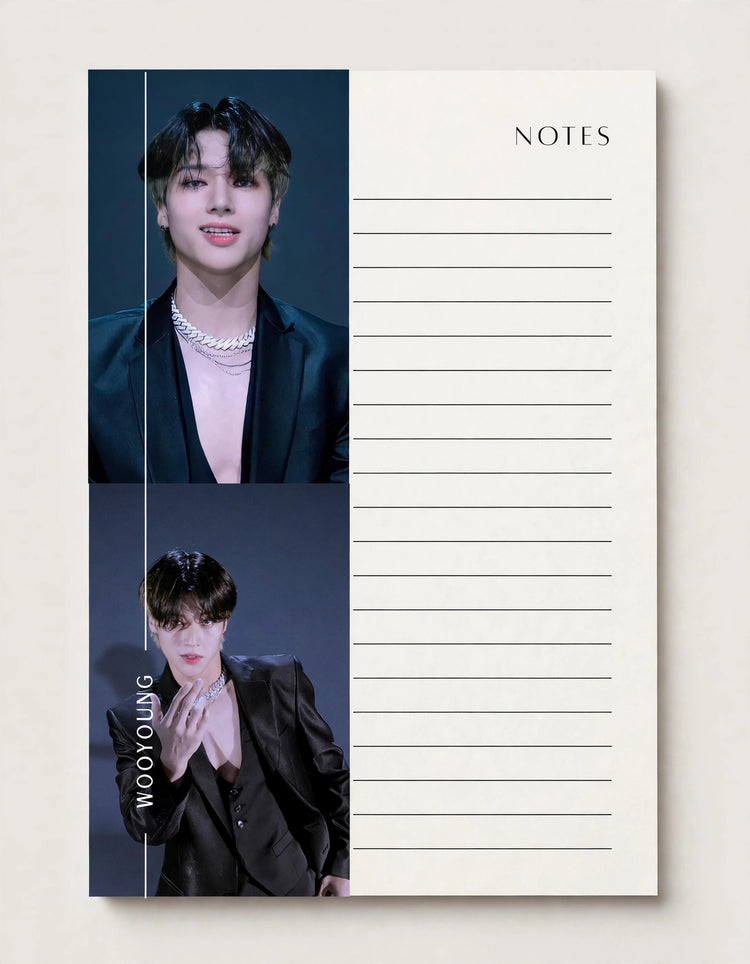 A vertical memo pad or notebook page with a cream-colored lined right side labeled NOTES and a left side featuring two stacked portrait photos of a man in a dark blazer, with the name WOOYOUNG printed vertically.