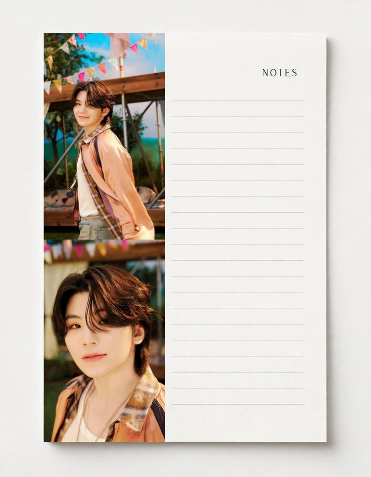 A vertical notepad with a white lined writing area labeled NOTES on the right and two portrait photo inserts on the left, shown against a light neutral background.