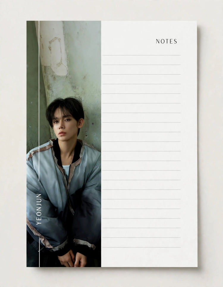 A vertical notepad with a split design: the left half shows a portrait photo of a young man wearing a light blue jacket, and the right half is a white lined notes page labeled NOTES. The name YEONJUN appears vertically along the photo.