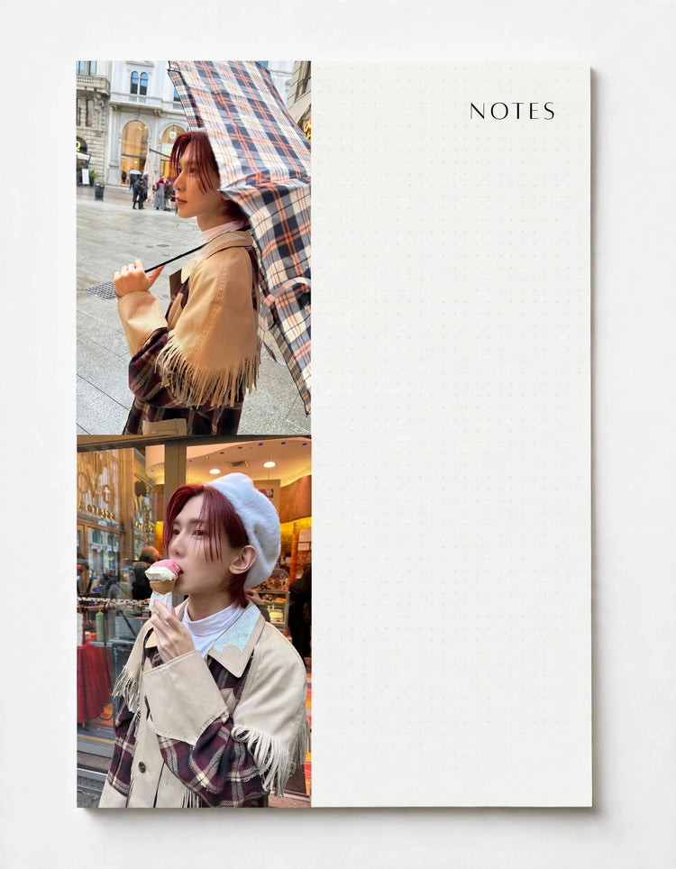 A vertical notebook or notepad with a split design: the left side shows two vertical lifestyle photos of a woman outdoors and indoors, and the right side is a large blank off-white writing area labeled 'NOTES'.