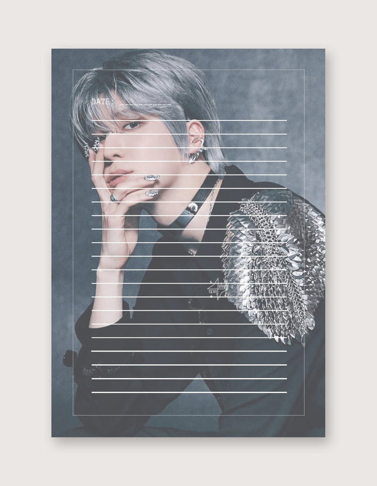 A vertical art print featuring a stylized portrait of a person with silver hair, overlaid with horizontal white lines and a textured metallic pattern on the shoulder, shown against a light gray background.